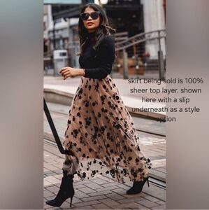 Long sheer tulle skirt with floral velvet patern Large